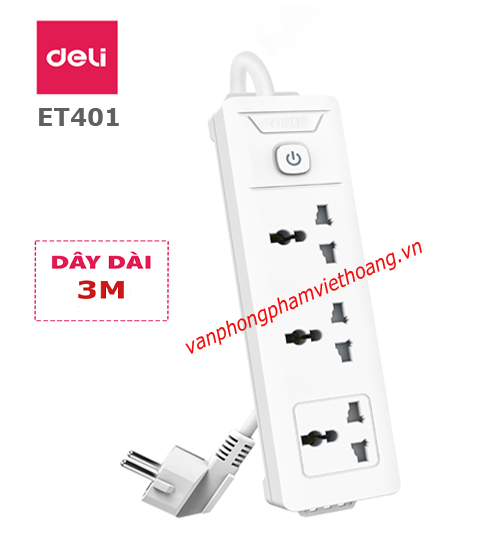 Ổ cắm điện 3 ổ 3 chấu Deli ET401 (dây 3m)