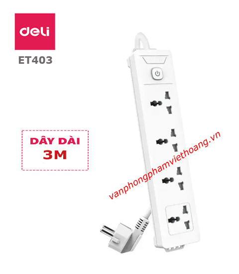Ổ cắm điện 4 ổ 3 chấu Deli ET403 (dây 3m)